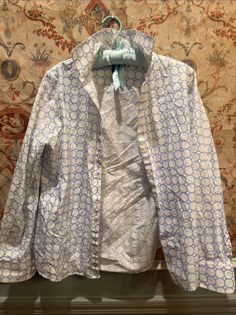 Lands' End White Jacket with Light Blue Geo Print
